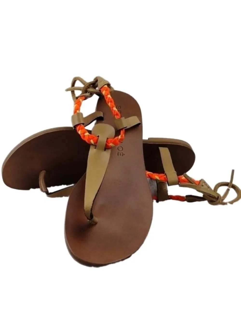 See By Chloe Tan Leather Almond Toe Thong Braided T-Strap Ankle Lace Sandal Shoe